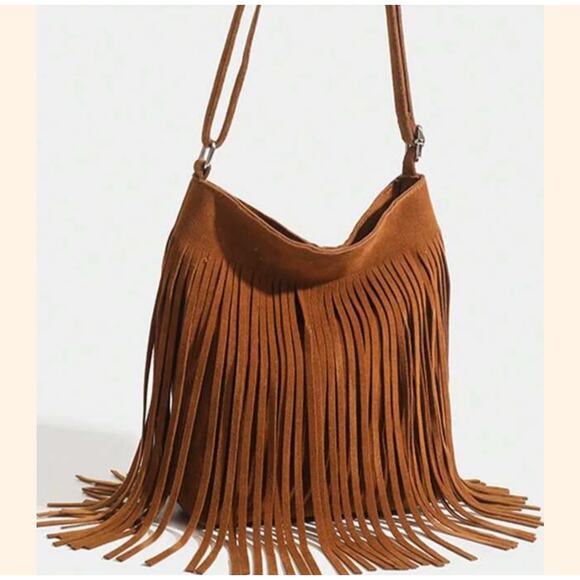 Boho Sueded Crossbody With Fringe New - Picture 3 of 4